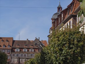 Half-timbered houses in a historic old town, surrounded by green plants under a bright blue sky,