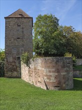 A stone tower on a green meadow next to trees and a blue sky, Wissembourg, Alsace, France, Europe