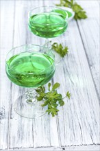 Portion of homemade Woodruff Jello (on a bright background)