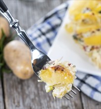 Potato Gratin on a Fork (close-up shot)