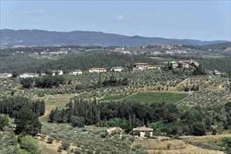 Tuscan landscape south of Pienza, Tuscany, Italy, Europe, Panoramic landscape view of hills with