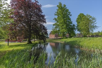 Broholm Castle, Gudme, 14th century, brick building, water plants, hotel, restaurant, moat, Fyn,