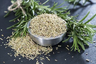 Heap of dried Rosemary (detailed close-up shot)