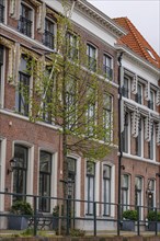 Impressive townhouses with decorative faÃ§ades and lush, green trees, The Hague, Netherlands