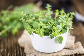 Portion of fresh Oregano (selective focus, close-up shot) on vintage background