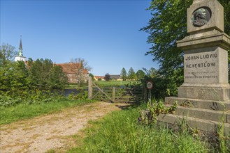 Brahetrolleborg church and castle, gate to the park, memorial stone to Johan Ludvig Reventlow,