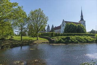 Brahetrolleborg church and castle, trees, Faborg, Faaborg, pond, Fyn, Fyn Island, Denmark, Europe