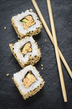 Some fresh made Sushi (detailed close-up shot, selective focus)