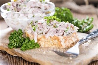 Piece of bread with Meat Salad (detailed close-up shot)