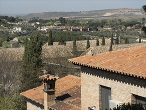 View of a hilly landscape with cypress trees and brick houses with a view over the roofs into the