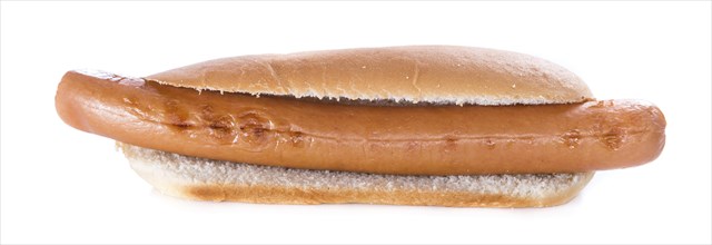 Homemade Hot Dog isolated on white background (close-up shot)