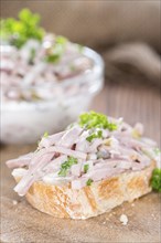 Piece of bread with Meat Salad (detailed close-up shot)