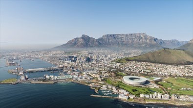 Cape Town, South Africa (aerial view from a helicopter) with the stadium in the focus