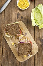 Tuna sandwich with wholemeal bread (selective focus, close-up shot)