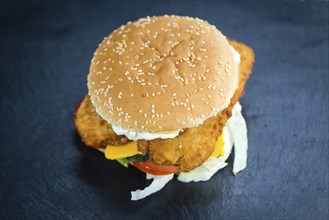 Fish Burger on a slate slab (close-up shot, selective focus)