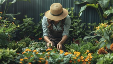 A woman in a straw hat tending to various plants and flowers in a lush green garden, AI Generated,