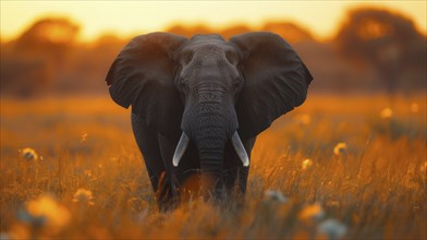 An elephant in the wild during sunset, surrounded by orange tones and tall grass, AI Generated, AI