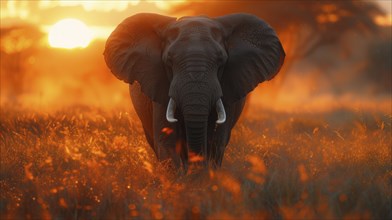 An elephant standing in tall grass under a vibrant sunset, basking in the orange glow, AI