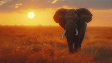 A lone elephant walking at sunset, with the sky glowing orange, AI Generated, AI generated