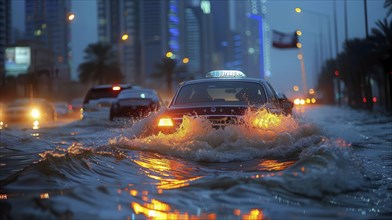 Taxi driving through a heavily flooded street at night, water splashing and reflecting city lights,