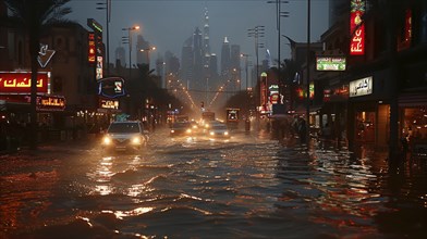 A flooded city street at night with cars struggling through high water, illuminated by neon signs,