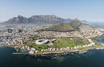 Cape Town, South Africa (aerial view from a helicopter) with the stadium in the focus