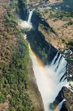 Victoria Falls in Zimbabwe at drought, aerial shot made from a helicopter