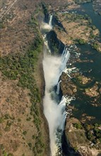 Victoria Falls in Zimbabe at dry time as aerial shot made out of a helicopter