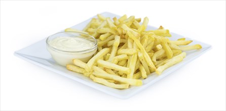 Homemade crispy French Fries isolated on white background (close-up shot)