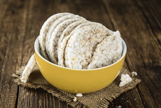 Some Rice Cakes (close-up shot) on an old wooden table