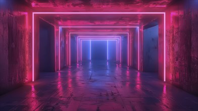 A rectangular room with neon lights in pink and blue, creating reflections on the floor and walls,