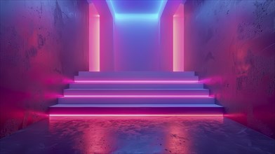 Neon-lit stairs with pink and blue hues, reflecting a modern and futuristic design with a glowing