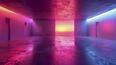 A large room lit by neon lights with a blend of pink, blue, and warm colors, creating a futuristic