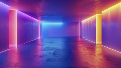 An empty room illuminated by neon lights in purple, blue, and orange, with reflections on the