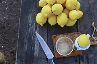 Top view of a lemon squeezed with a hand juicer on a wooden table with a knife and a pile of lemons