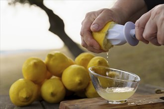 Close-up of a woman's hand squeezing a lemon in a hand juicer on a wooden table in the field