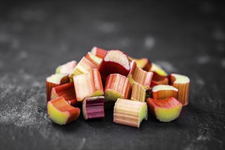 Freshly chopped Rhubarb as detailed close up shot (selective focus)