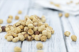 Hazelnut kernels as detailed close up shot (selective focus)