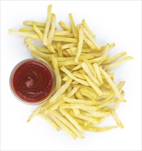 Homemade crispy French Fries isolated on white background (close-up shot)