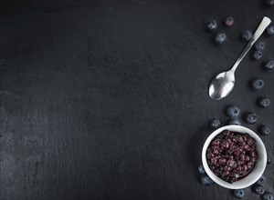 Some fresh Preserved Blueberries on a vintage slate slab, selective focus, close-up shot