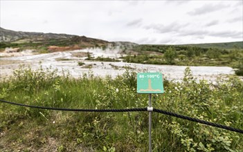 High temperature warning sign in Haukadalur geothermal, Iceland, Europe