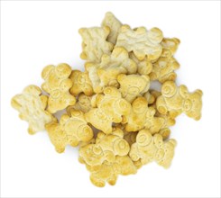 Portion of mixed Snacks isolated on white background (detailed close up shot, selective focus)