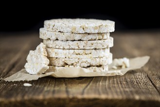 Portion of Rice Cakes (close-up shot) on wooden background