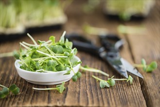 Cress on an old wooden table as detailed close-up shot (selective focus)