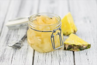 Portion of fresh Preserved Pineapple pieces close-up shot, selective focus