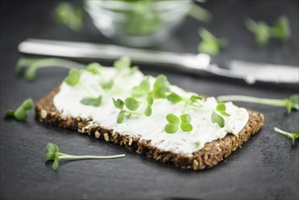 Slate slab with cream cheese and fresh cress on a slice of wholemeal bread (close-up shot,