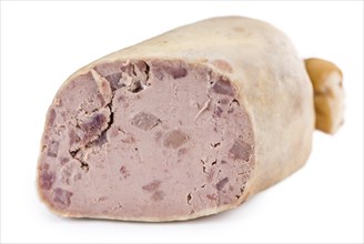 German Leberwurst isolated on white background (selective focus, close-up shot)