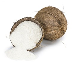 Coconut flour as detailed close-up shot isolated on white background (selective focus)