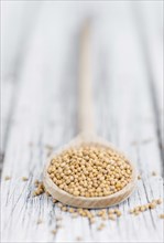 Mustard Seeds on a vintage background as detailed close-up shot (selective focus)