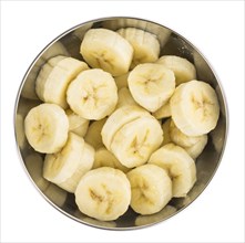 Sliced Bananas isolated on white background, selective focus, close-up shot